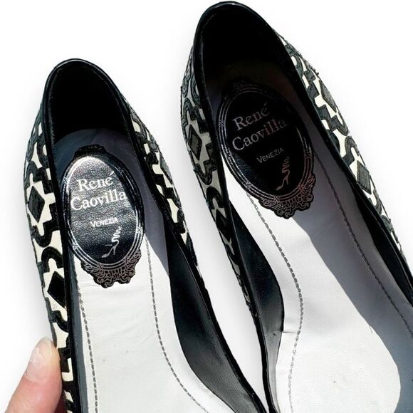Rene Caovilla Black White Pattern Patent Leather Pointed Toe Heels Women’s Sz 38 - Picture 6 of 8
